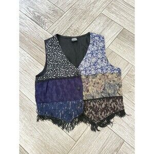Womens Vintage Boho Cottagecore Patchwork Floral Fringe Vest Size S Judy Knapp